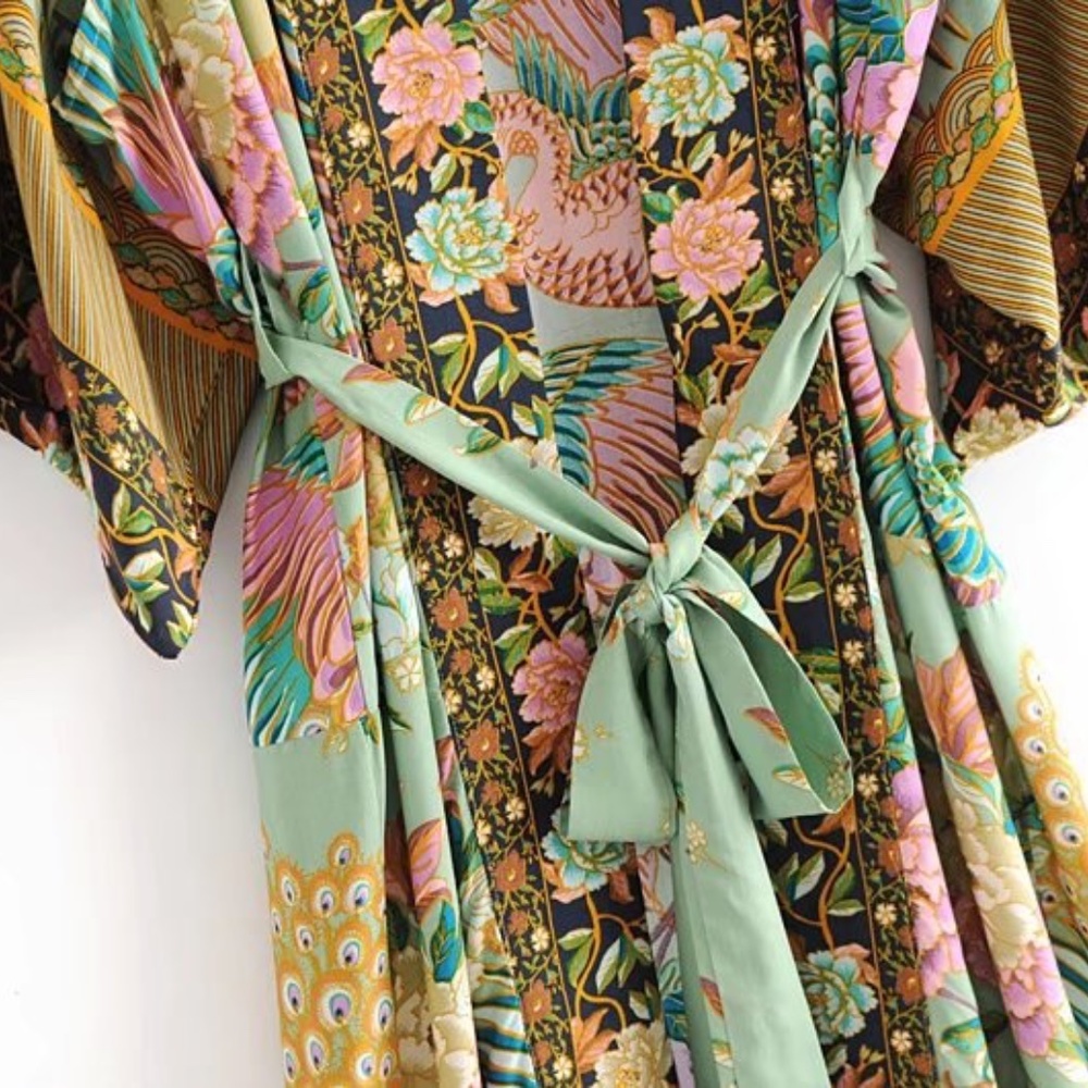 Bohemian Mint Green Floral Print Cut out Sleeve Belted Kimono Cover up - Picture 4 of 8